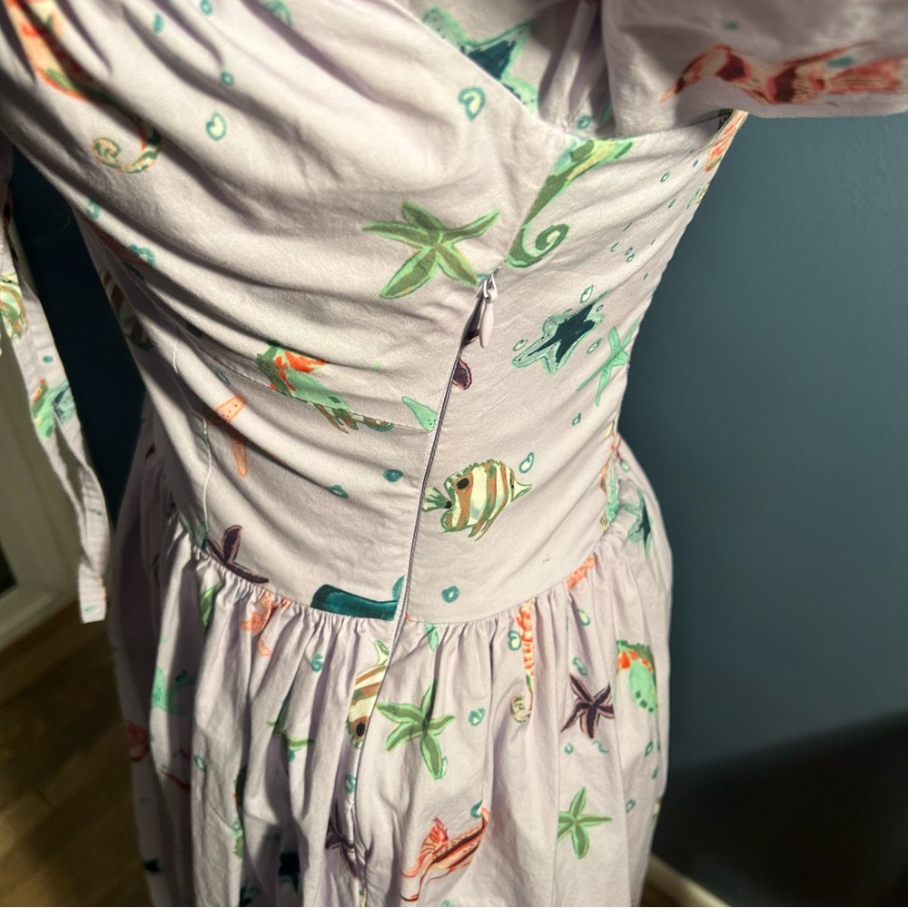 Hill House Sea Creatures Fish Print Puff Sleeve Midi Ophelia Dress - Picture 8 of 14